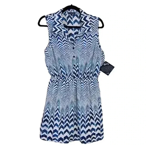 NWT BeBop Zig Zag Cinch Waist Sleeveless Quarter Button Mini Shirt Dress Size L - Picture 1 of 14